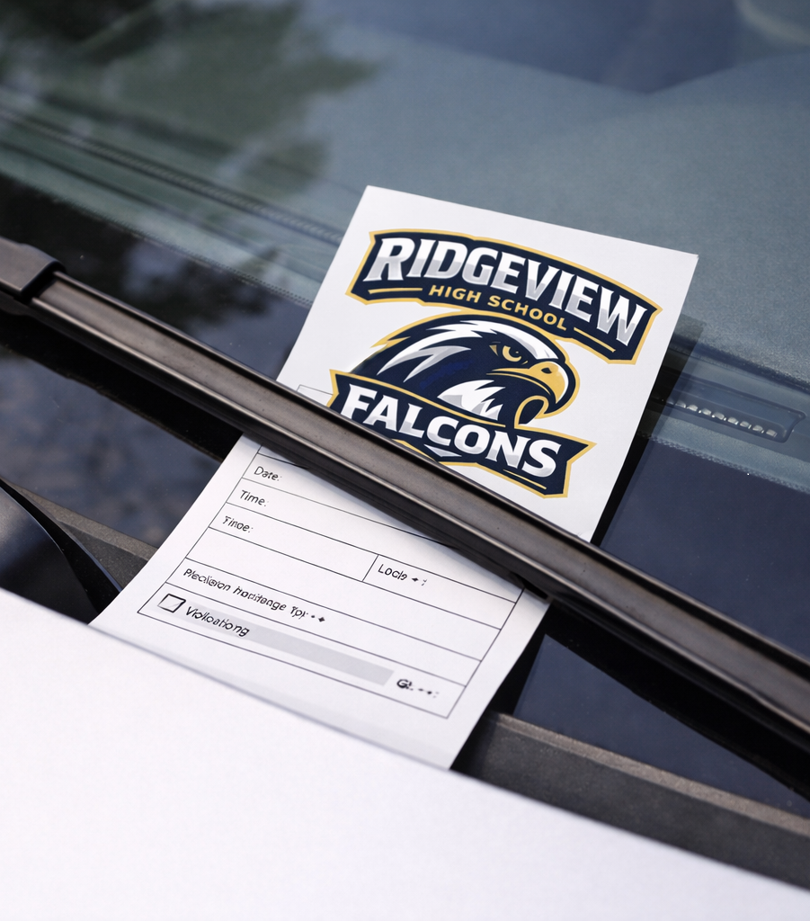 Parking ticket under a windshield wiper at a school campus