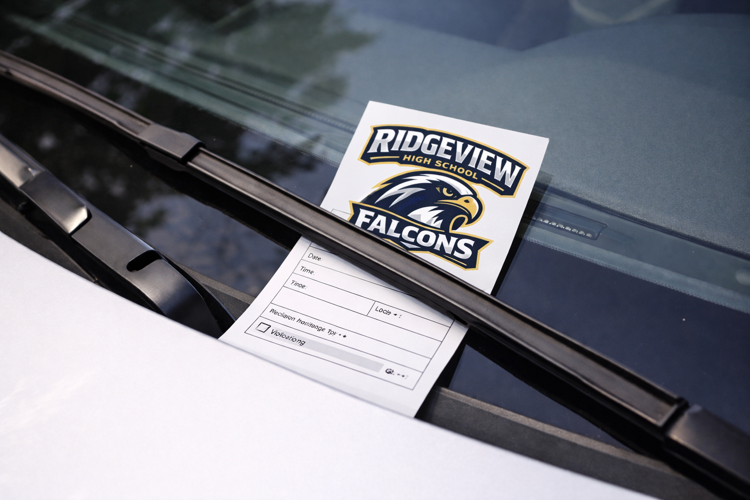 Parking ticket under a windshield wiper at a school campus