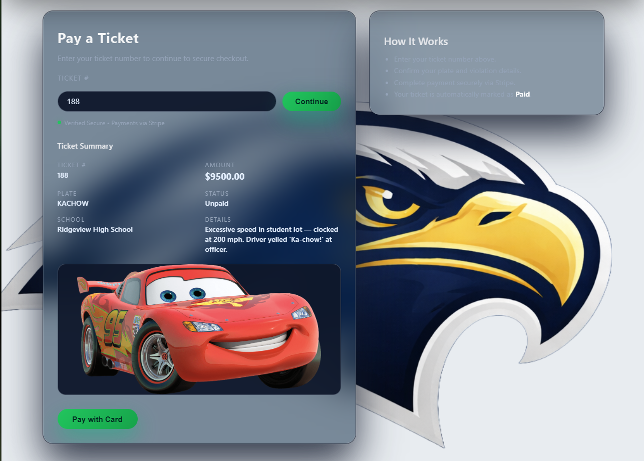 Pay a Ticket page with ticket summary and Stripe checkout