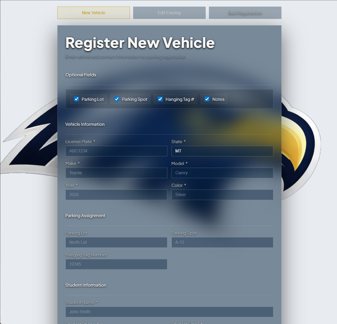 Vehicle registration form with parking lot and spot assignment