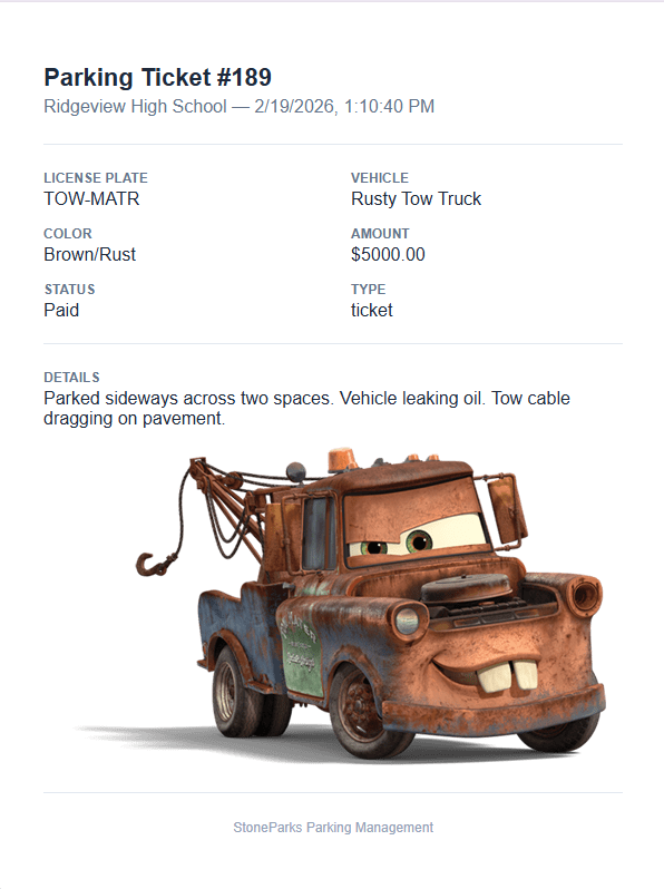 Ticket detail view showing plate, vehicle, amount, status, and attached photo