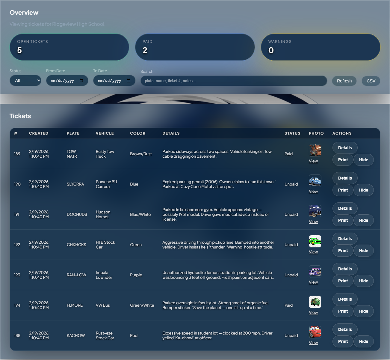Admin ticket log showing tickets with photos, status, and details